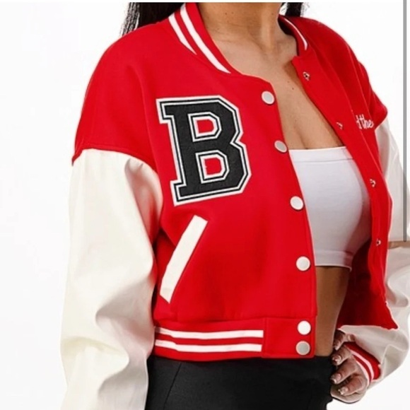 Retro style Cropped Bomber Jacket- size M  Red w/off whites sleeves.Snap closure - Picture 1 of 10